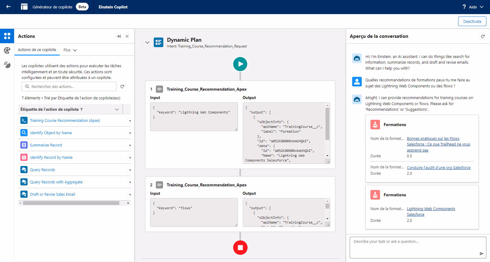 Capture d'écran de l'interface du Générateur de copilote Einstein dans sa version Beta sur GUIMINI, affichant le processus de recommandation de cours de formation. À gauche, on voit une liste d'actions disponibles. Au centre, le plan dynamique montre les entrées et les sorties pour deux requêtes de formation spécifiques : "Lightning Web Components" et "flows". À droite, un aperçu de conversation avec l'assistant AI Einstein montre une interaction où Einstein fournit des recommandations de cours basées sur les requêtes de l'utilisateur.