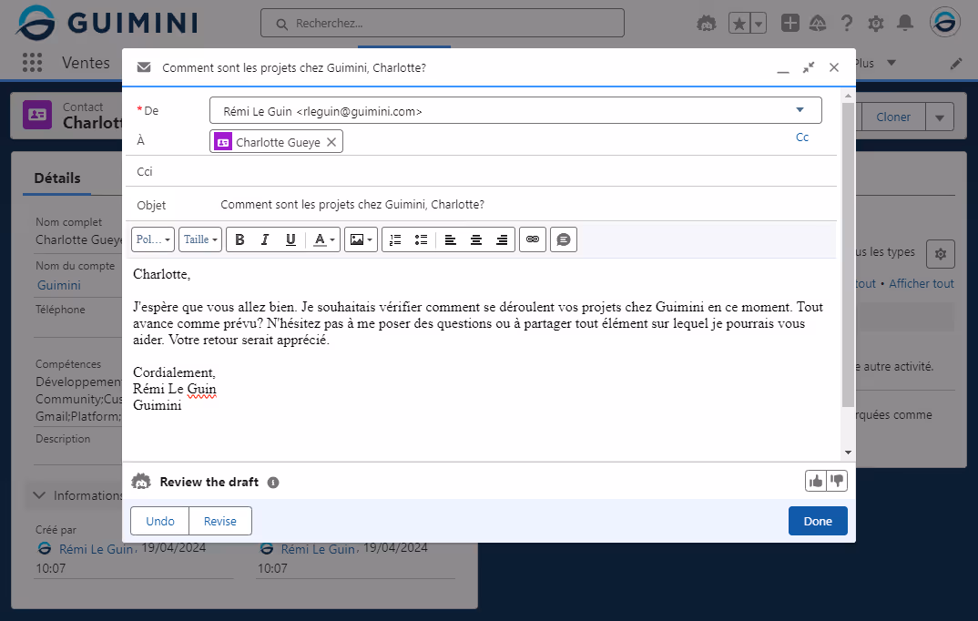 Capture d'écran de l'interface Salesforce montrant un email rédigé à l'aide de l'outil Einstein. L'email, adressé à Charlotte Gueye, demande des nouvelles des projets en cours chez Guimini et invite à partager des informations.