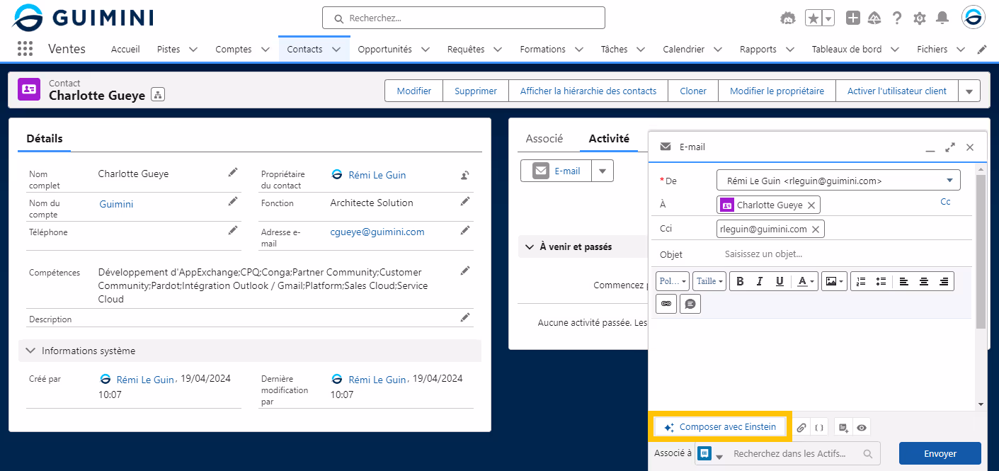 Capture d'écran de l'interface Salesforce montrant le profil de contact de Charlotte Gueye chez Guimini, avec un champ d'email ouvert. La fonction "Composer avec Einstein" est mise en évidence dans la fenêtre de rédaction d'email.
