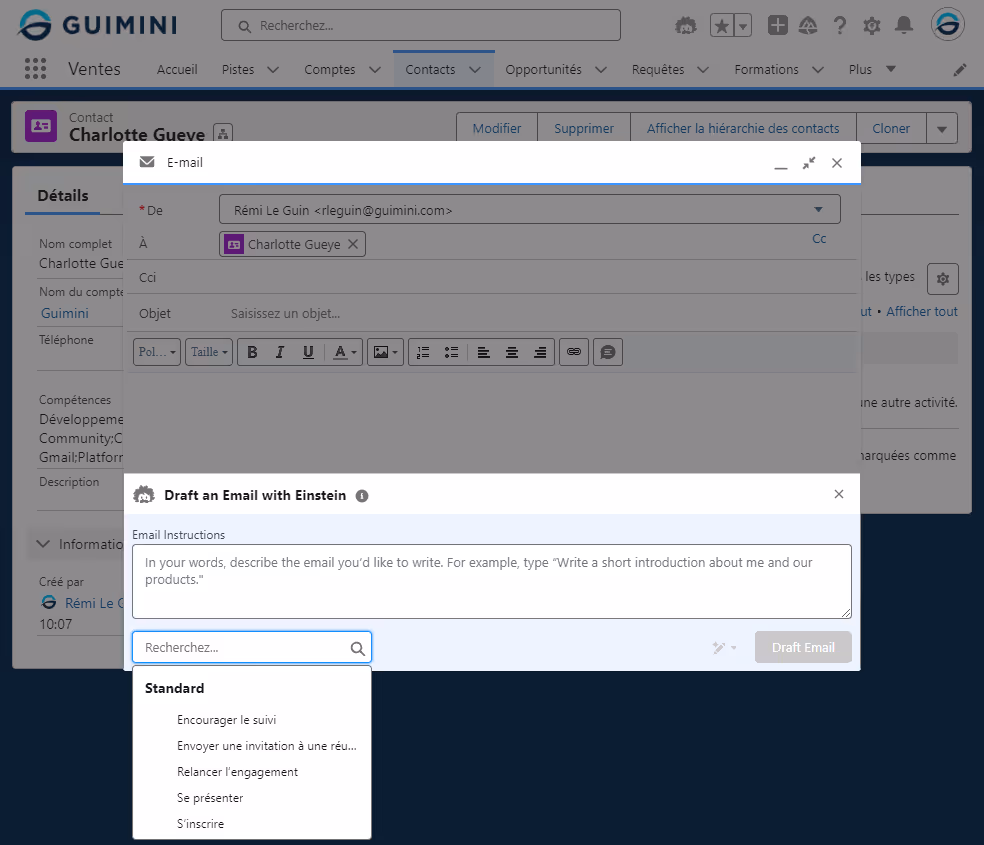 Capture d'écran de l'interface Salesforce montrant la rédaction d'un email avec la fonctionnalité "Draft an Email with Einstein" activée. Un menu déroulant propose des instructions standards pour la rédaction d'email.