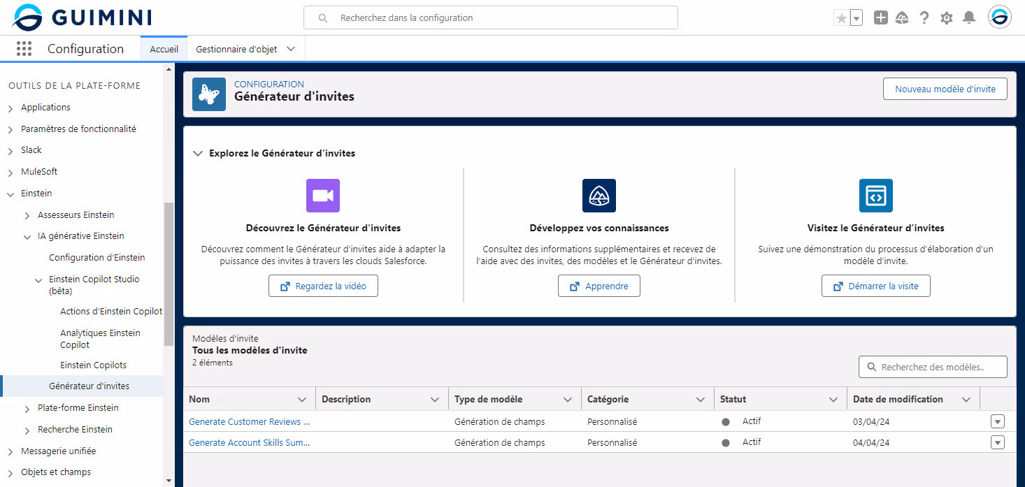 Capture d'écran de l'interface de configuration de Salesforce montrant la page du Générateur d'invites. La section inclut des options pour explorer, développer des connaissances et visiter le générateur, ainsi que la liste des modèles d'invite disponibles, comme "Generate Customer Reviews" et "Generate Account Skills Summary". 