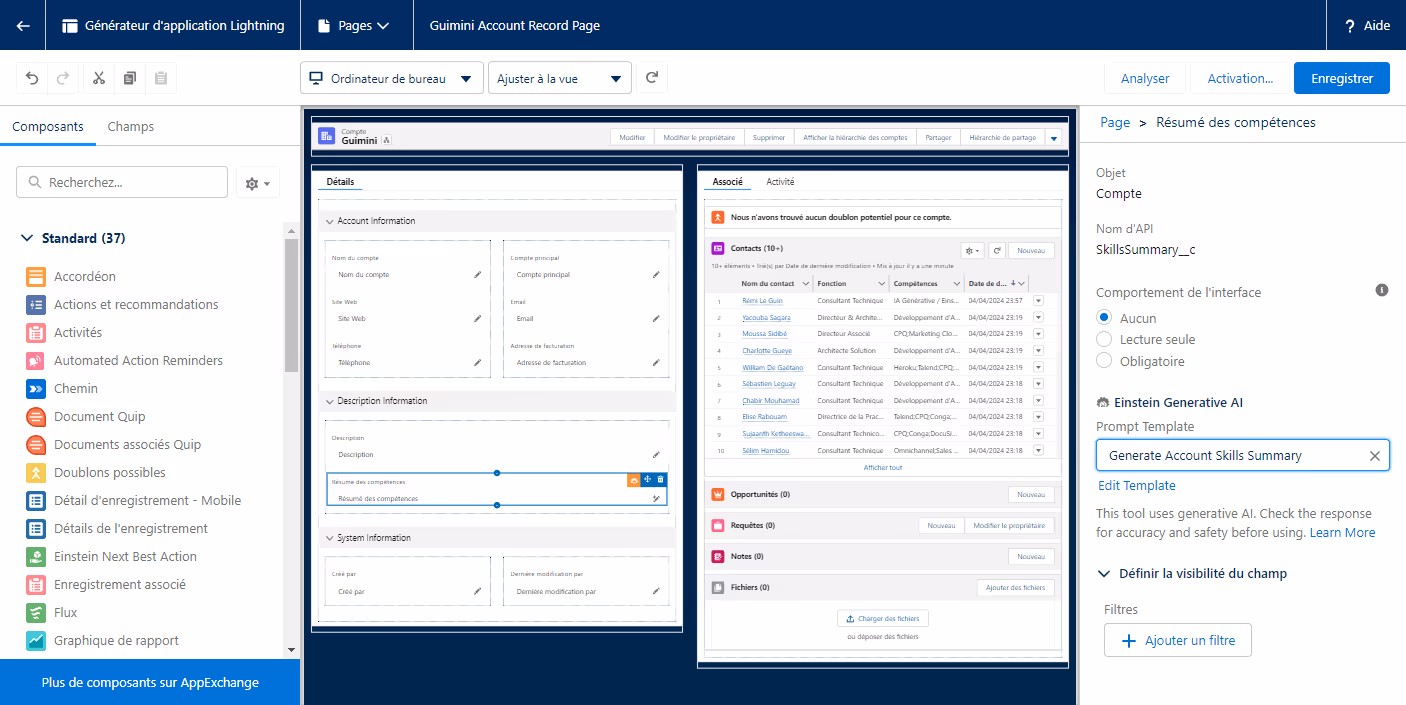Capture d'écran du générateur d'application Lightning de Salesforce montrant la configuration d'un champ de résumé des compétences pour le compte Guimini. La section de droite affiche les paramètres de l'IA générative Einstein, avec un modèle de prompt sélectionné pour générer automatiquement le résumé des compétences.