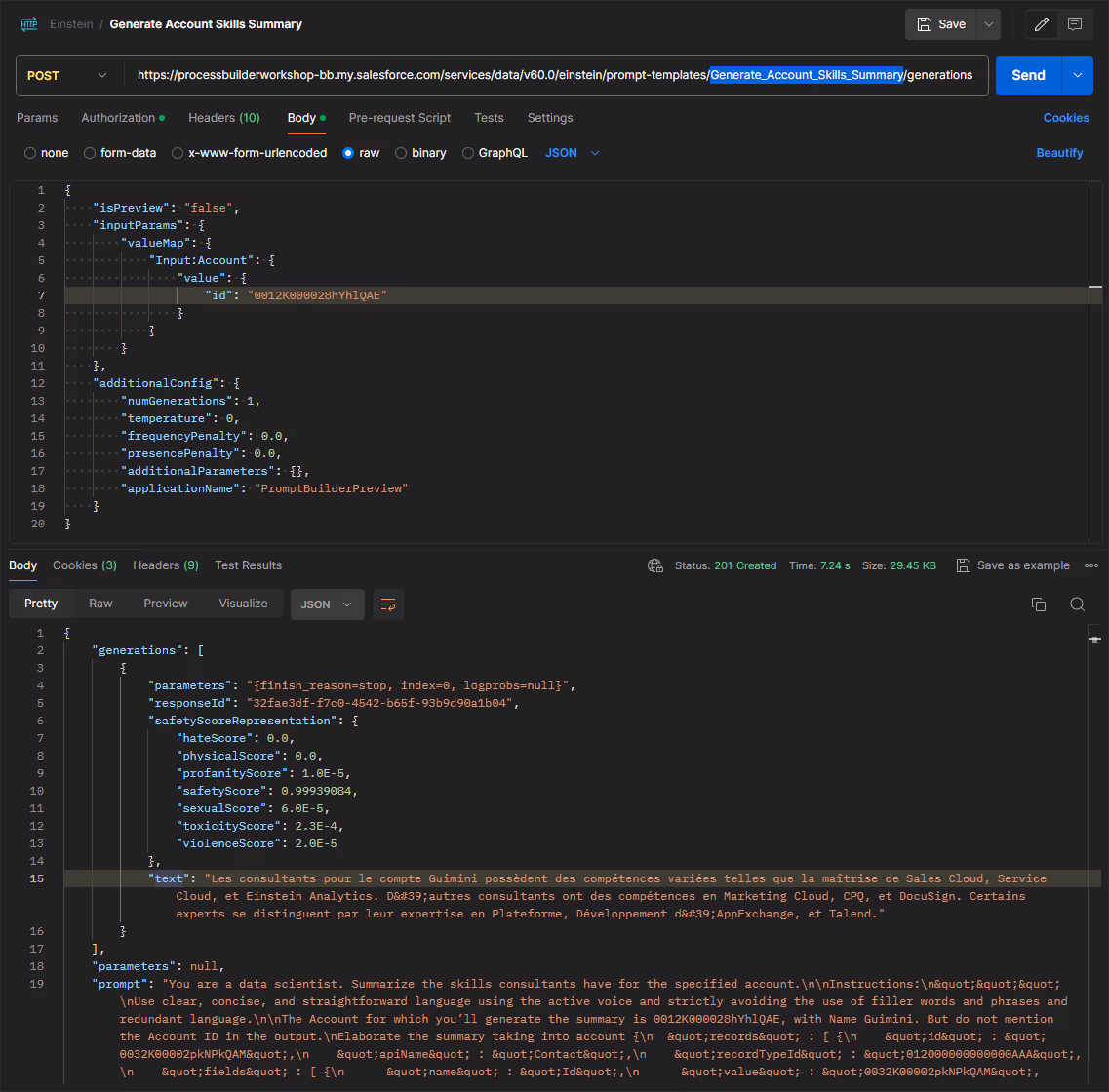Capture d'écran de Postman montrant une requête POST pour générer un résumé des compétences de compte à l'aide de l'API Einstein de Salesforce. La requête inclut des paramètres JSON et la réponse contient le texte généré détaillant les compétences des consultants.