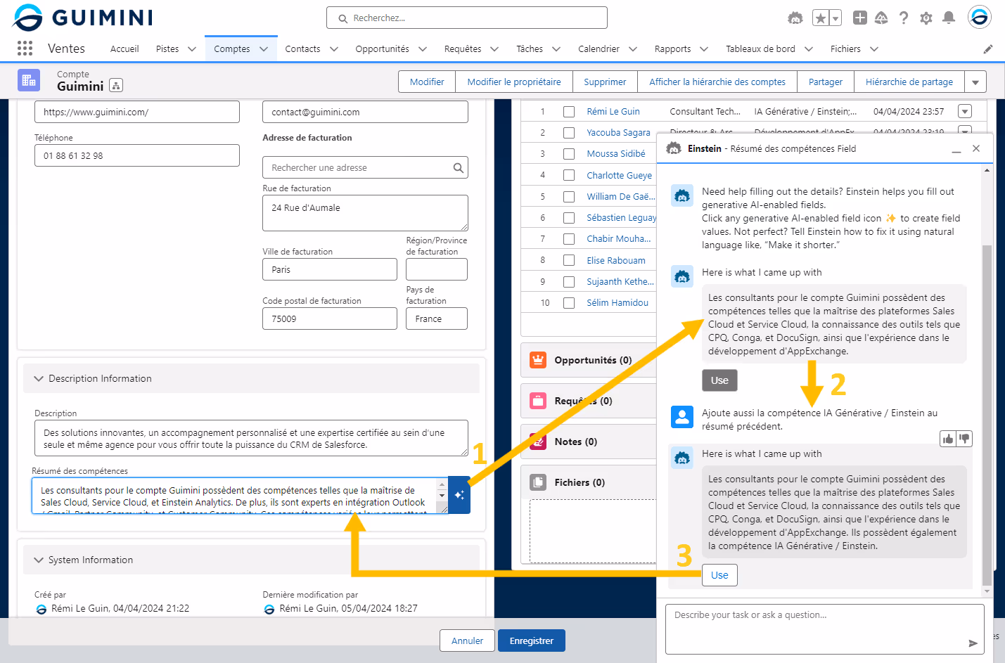 Capture d'écran de l'interface Salesforce montrant l'utilisation de l'outil Einstein pour générer automatiquement un résumé des compétences des consultants Guimini. À gauche, les détails du compte Guimini sont affichés, avec un champ de texte contenant le résumé généré. À droite, la fenêtre Einstein montre les suggestions d'IA, incluant une proposition initiale et une suggestion mise à jour pour inclure la compétence "IA Générative / Einstein".