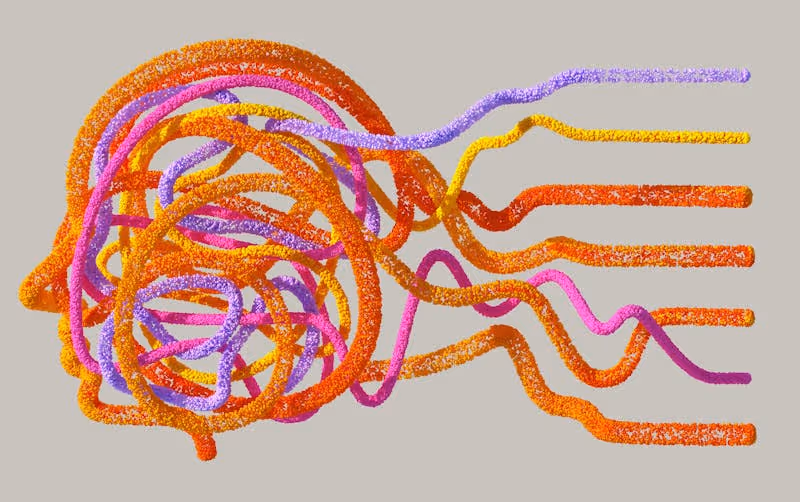 Illustration symbolisant le traitement complexe des données dans l'intelligence artificielle, représentant des lignes interconnectées en forme de tête humaine avec des couleurs vibrantes orange, rose et jaune.