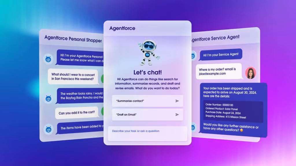 Interface conversationnelle d'Agentforce illustrant différents cas d'usage d'un agent IA dans un CRM. Trois fenêtres de chat présentent des interactions : un assistant shopping personnalisé, un service client automatisé et une interface centrale suggérant des actions comme la recherche d'informations ou la rédaction d'e-mails. Design futuriste avec une palette de couleurs violettes et un avatar robotisé symbolisant l’IA.