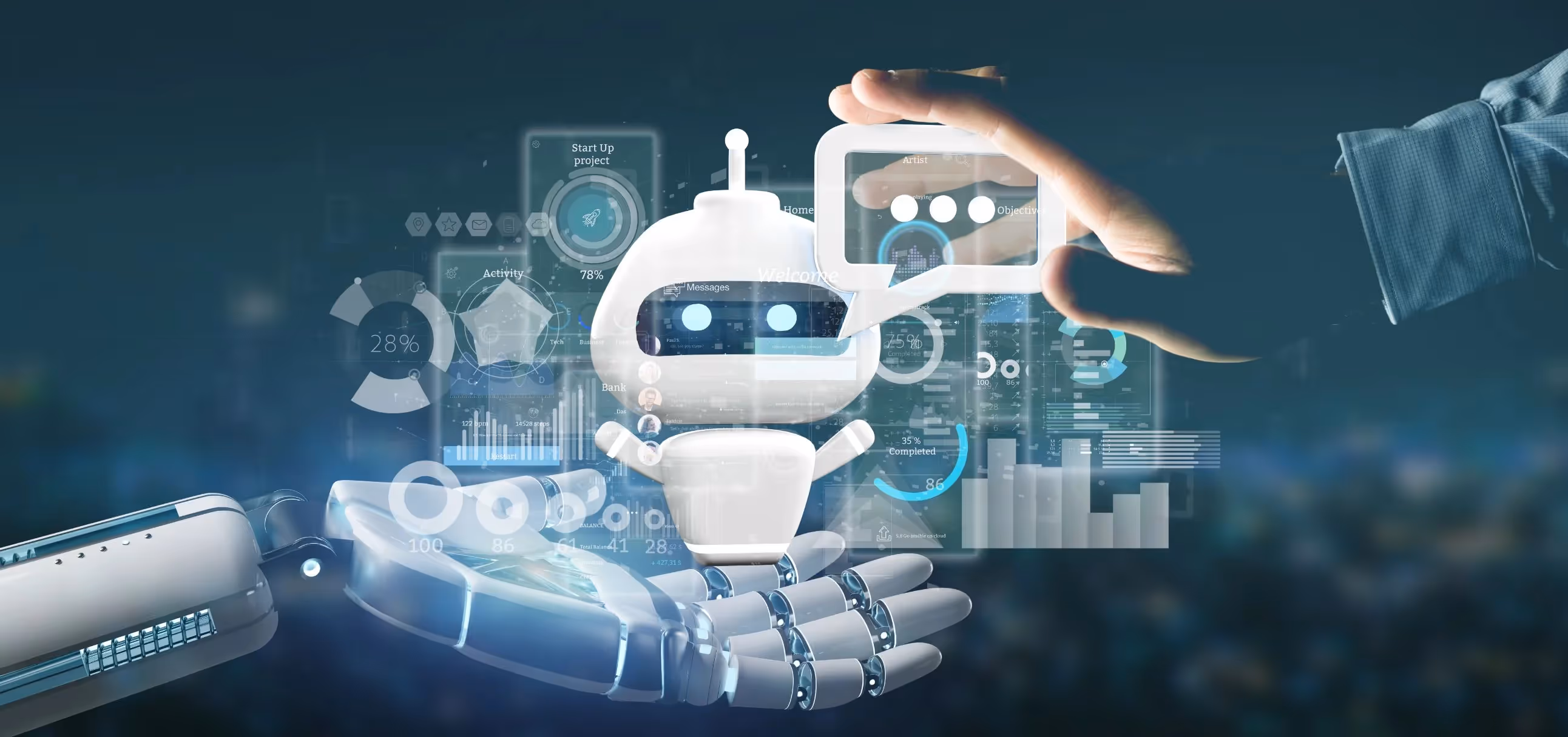 Chatbot IA : Interaction homme-machine avec des données en arrière-plan, symbolisant l'automatisation et les capacités d'intelligence artificielle
