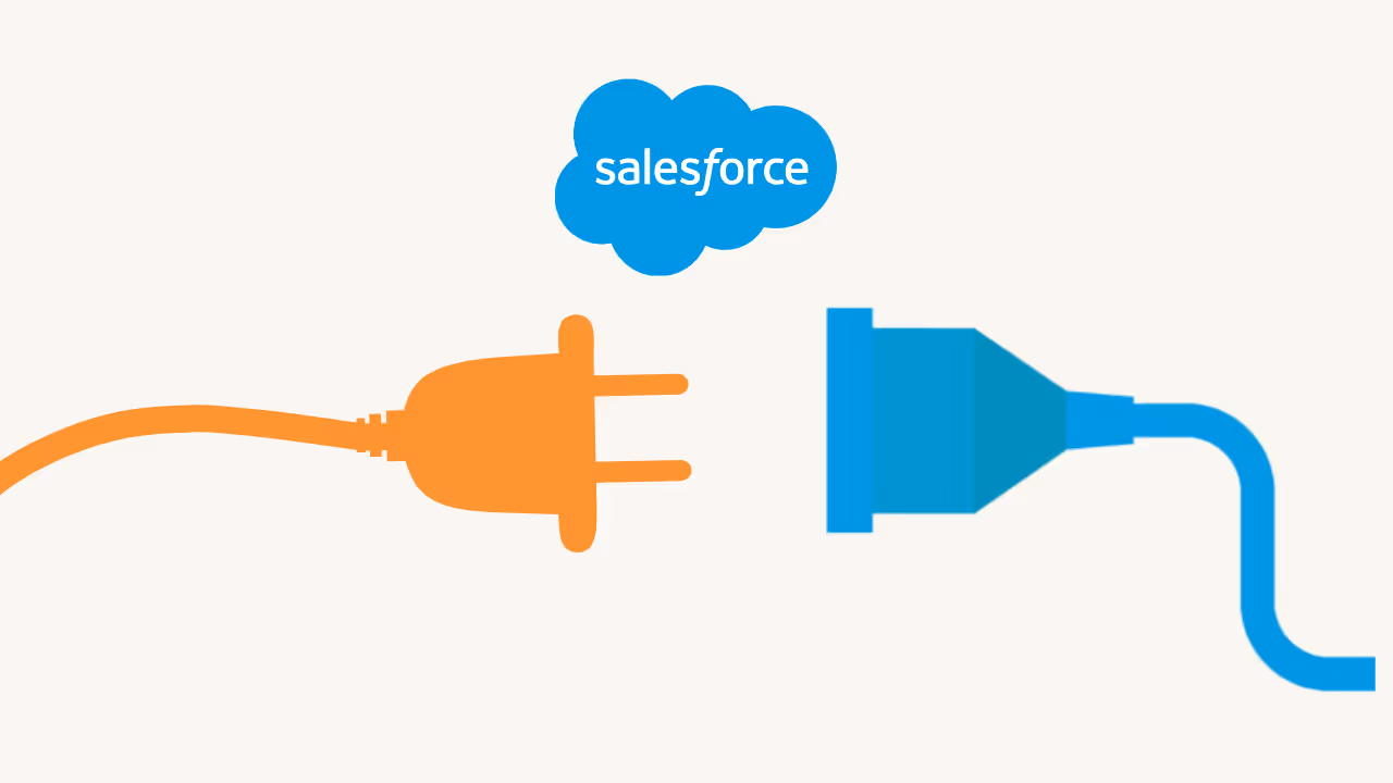 Illustration d’une connexion entre deux câbles, l’un orange et l’autre bleu, symbolisant l’intégration avec Salesforce. Le logo Salesforce est positionné au centre, représentant une connexion entre deux systèmes ou applications.