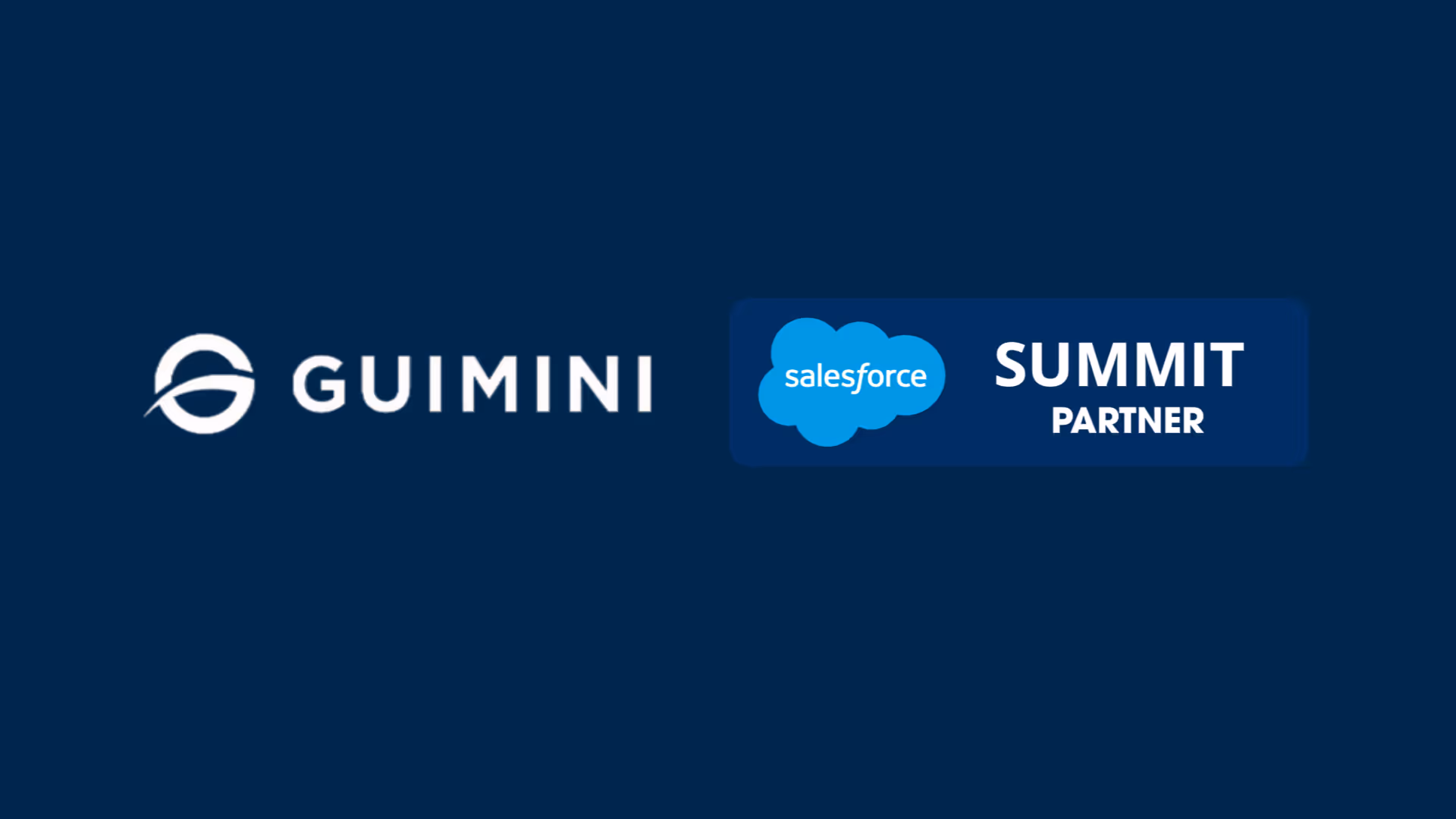 Logo de Guimini à gauche et badge "Salesforce SUMMIT Partner" à droite, sur un fond bleu foncé. L’image annonce l’obtention du statut SUMMIT Partner par Guimini, symbolisant son expertise et son partenariat de haut niveau avec Salesforce.