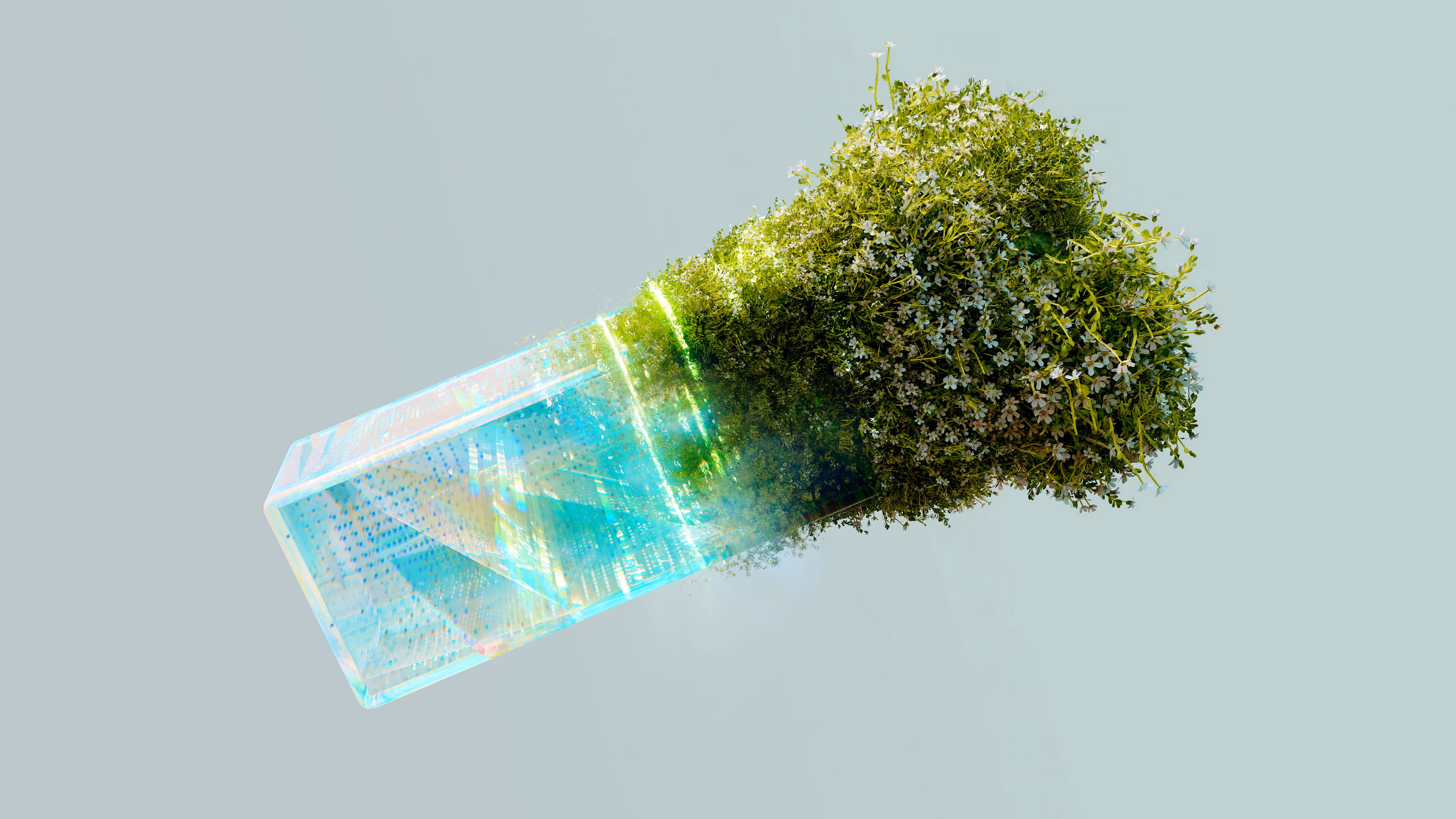 Illustration conceptuelle d’un bloc technologique transparent émettant une lumière numérique, fusionné avec une végétation luxuriante, symbolisant l’alliance entre intelligence artificielle, nature et durabilité.