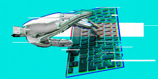Main robotique tapant sur un clavier d’ordinateur, symbolisant l’intelligence artificielle et l’automatisation des tâches numériques.