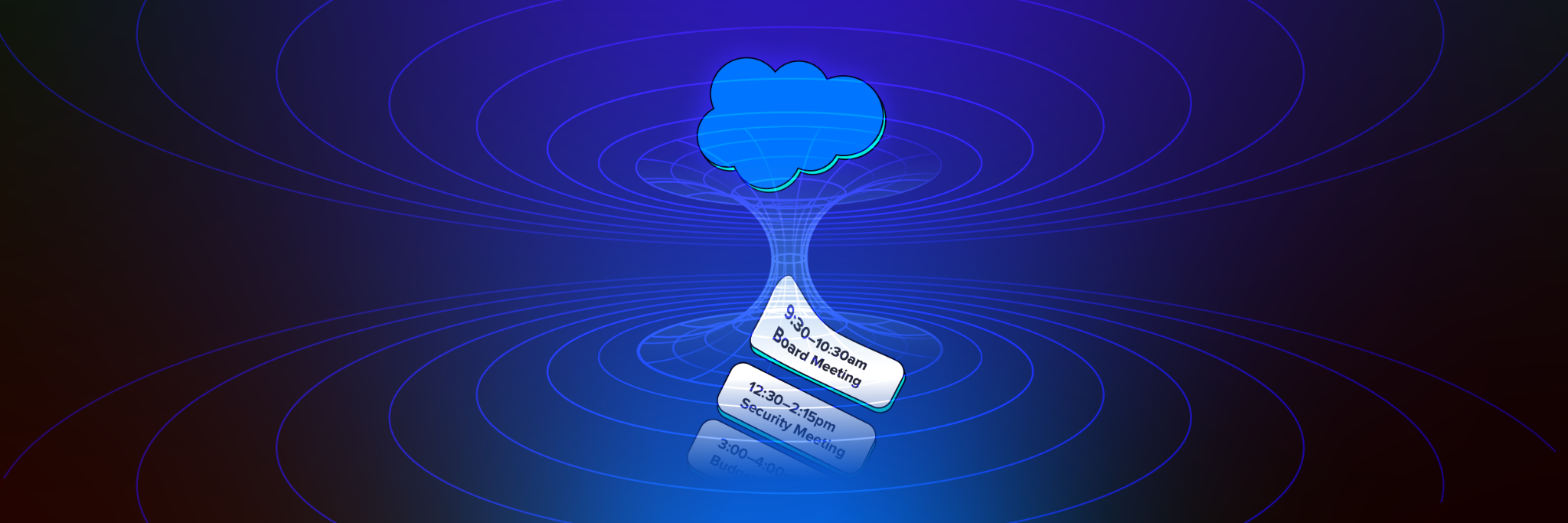 Illustration conceptuelle représentant une dette technique dans un environnement cloud : une icône de nuage bleu reliée à des cartes de tâches ou de réunions, le tout au centre de cercles concentriques évoquant des flux ou des dépendances complexes. L’image symbolise la centralisation des processus dans le cloud et les effets en cascade d’une accumulation technique non maîtrisée.