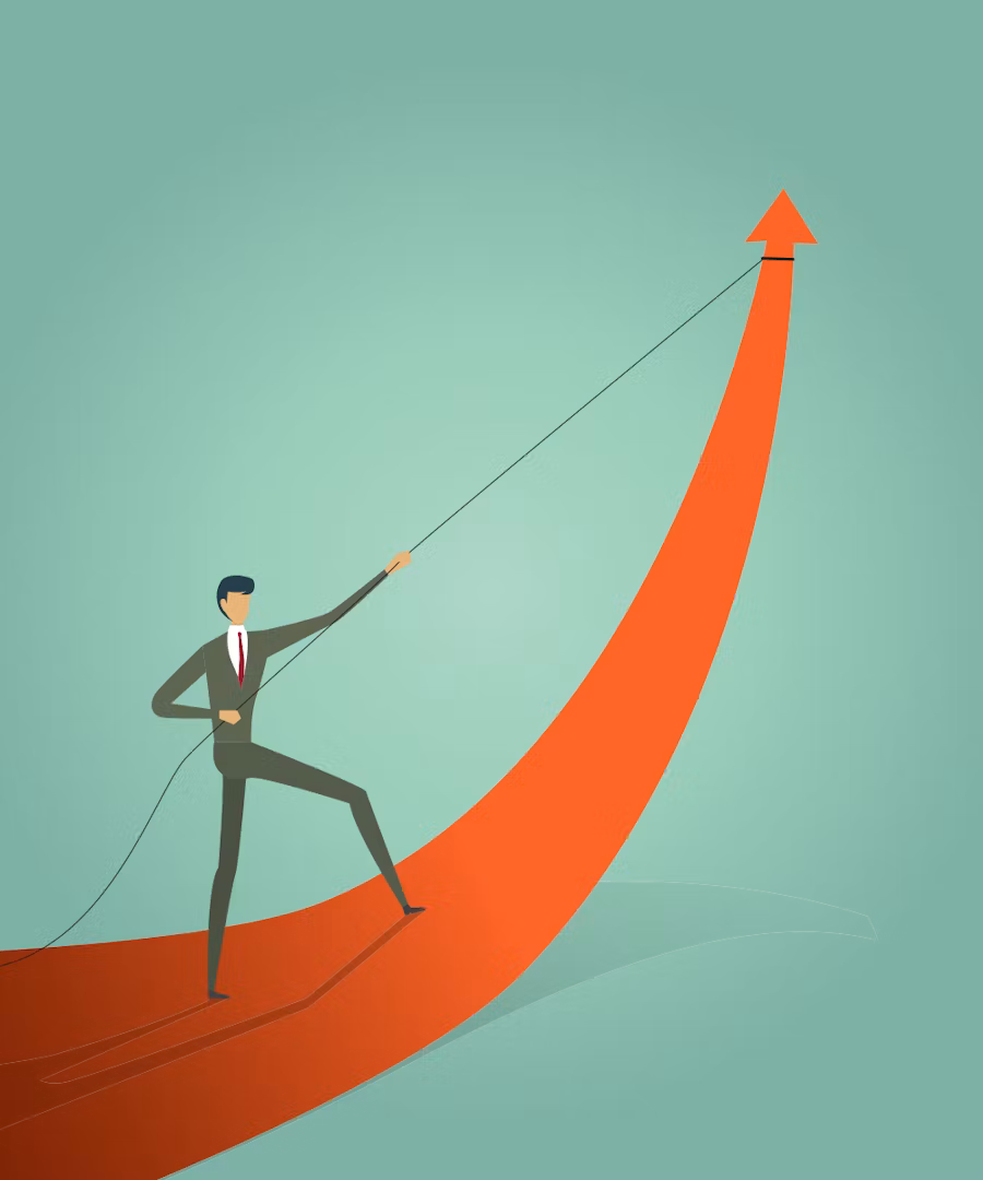 Un bonhomme qui tire une flèche vers le haut pour signifier l'optimisation CRM