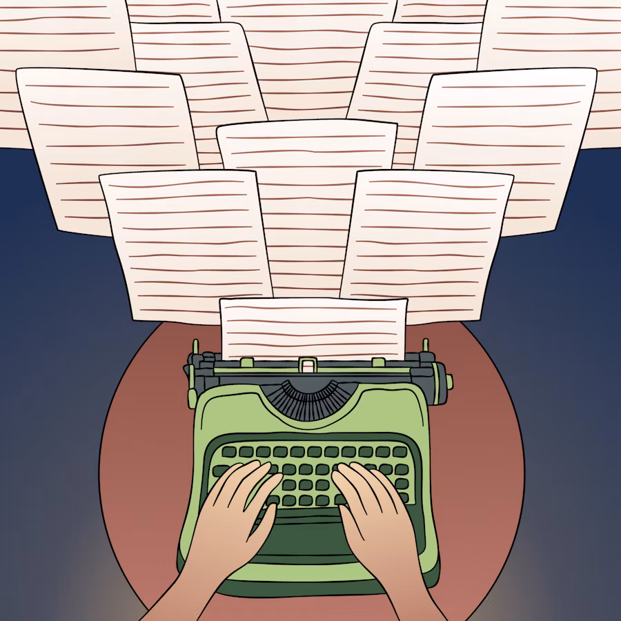 Une machine à écrire avec plein de feuilles pour représenter la documentation dans un CRM