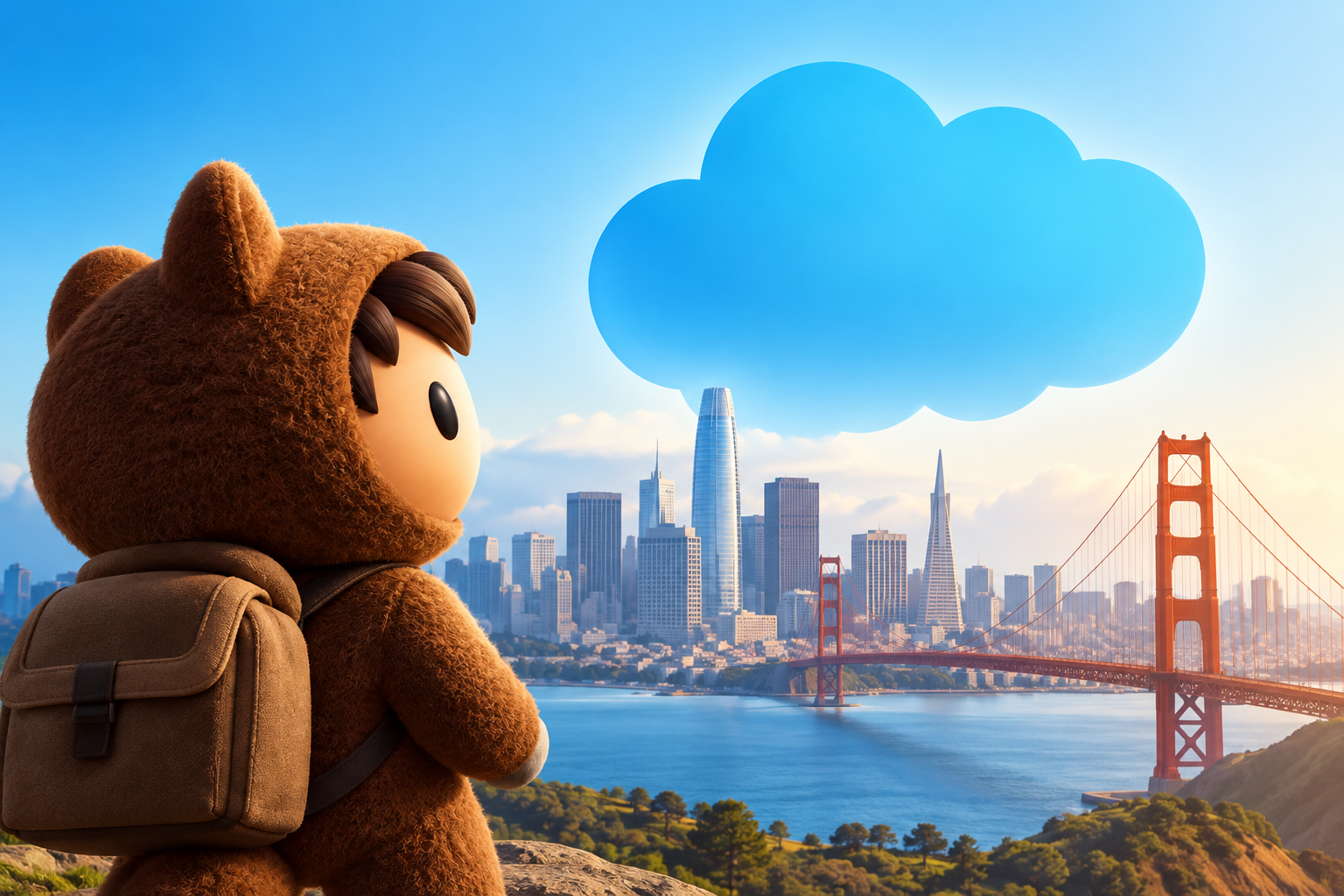 Dreamforce 2026 à San Francisco avec la Salesforce Tower, le Golden Gate Bridge et l’univers Salesforce.