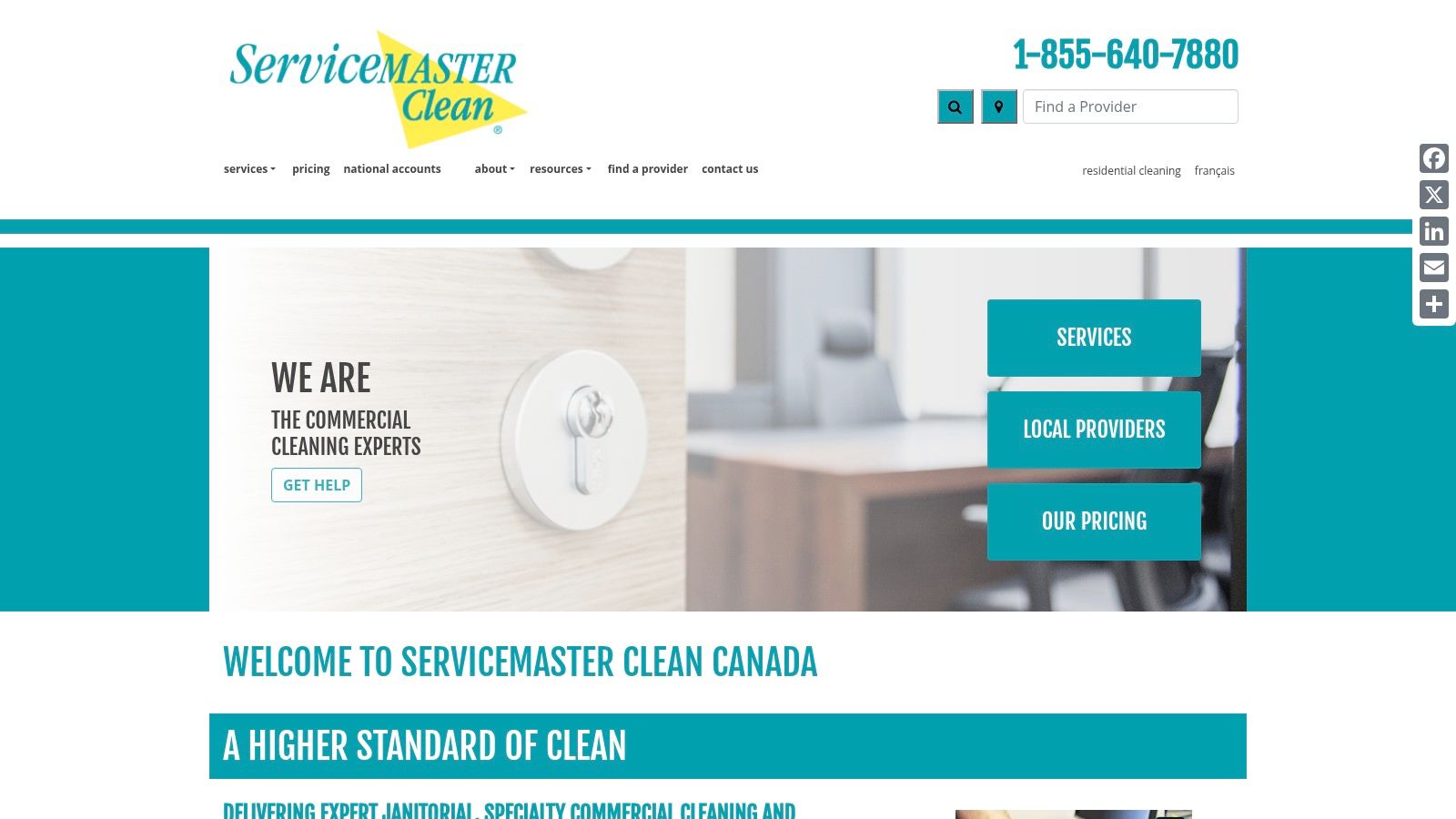 ServiceMaster Clean Canada website homepage featuring their services.