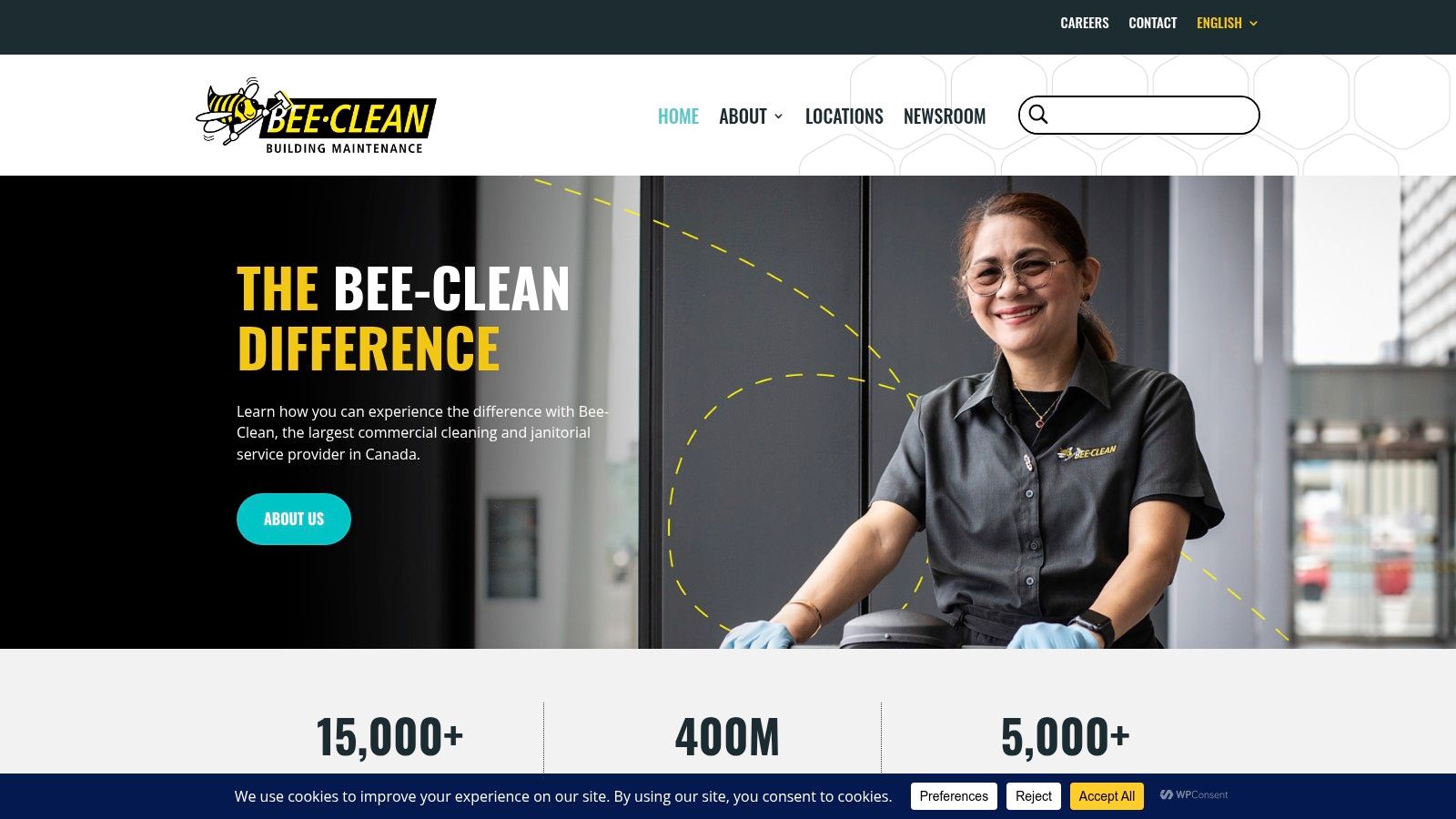 Bee-Clean Building Maintenance website homepage showing their nationwide presence.