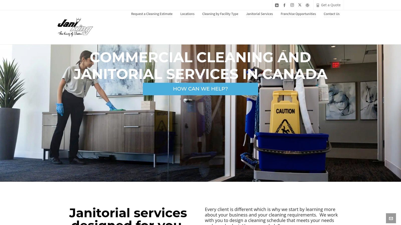 Jani-King Canada website homepage showing their main slogan and request a quote button.