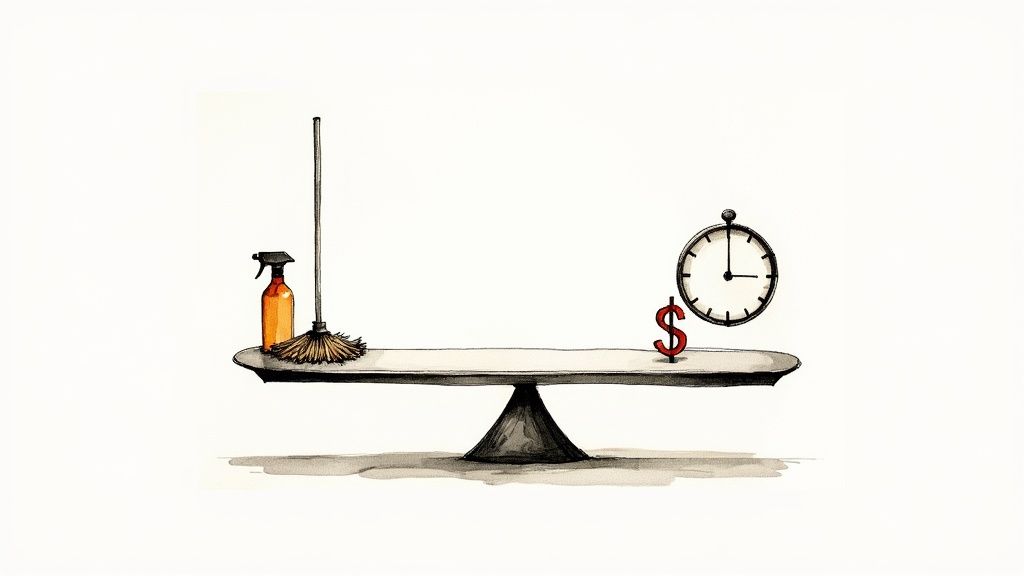 A professional cleaner sanitizing an office desk, representing the cost of commercial cleaning services