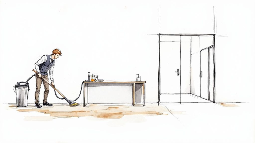 A professional cleaner wiping down a conference room table