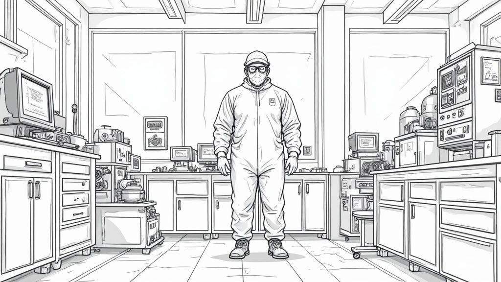 A team of professional cleaners working in a specialized industrial setting with specific equipment.
