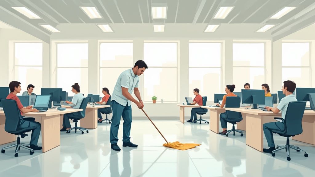 A clean, modern office with gleaming floors and bright lighting, representing a productive workspace.