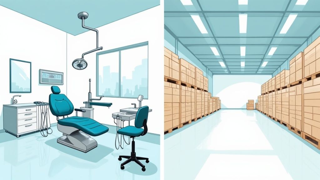 A professional cleaner in uniform sanitizing a modern medical examination room.