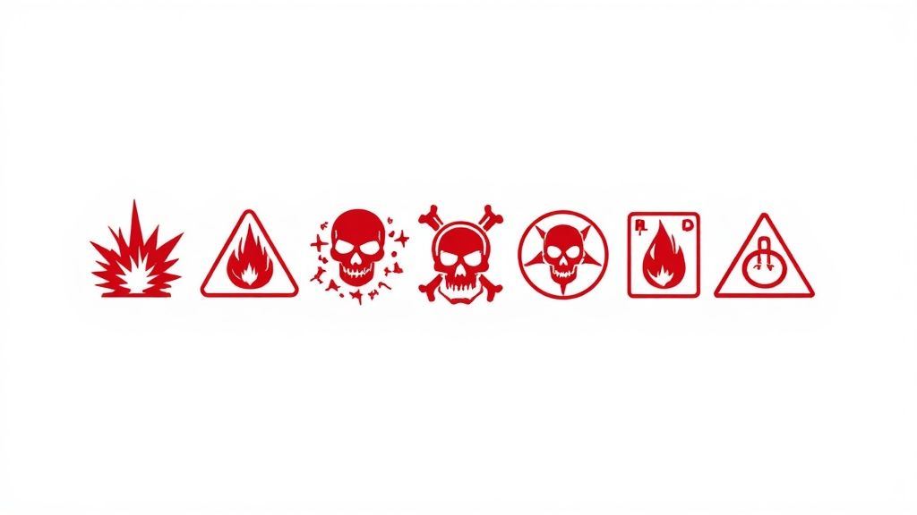 A collage of all the WHMIS 2015 pictograms with their names.