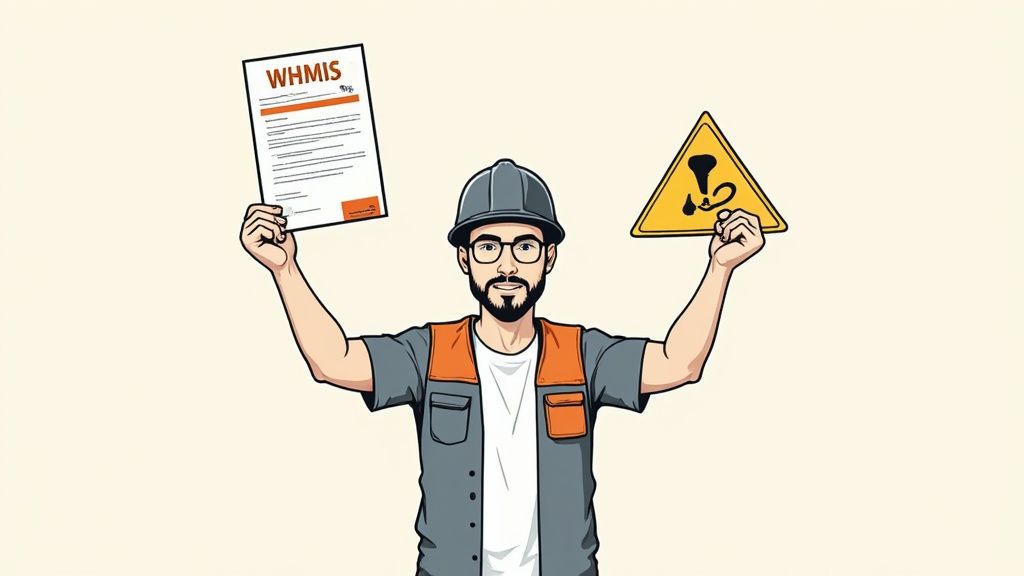 A worker wearing safety glasses and gloves handles a chemical container with a WHMIS label