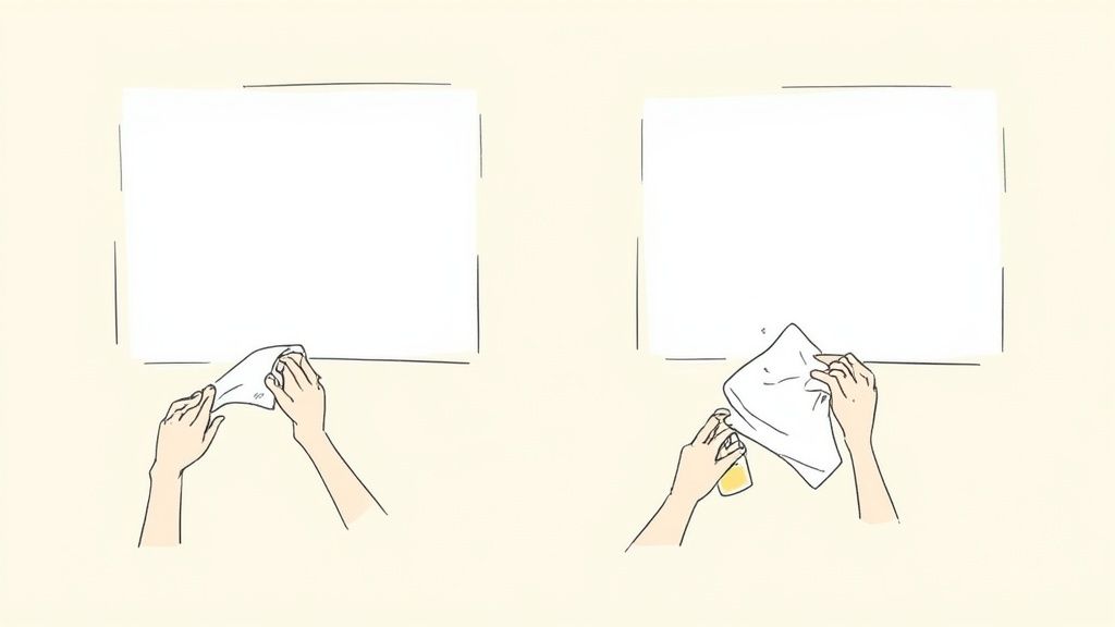 A person's hand wiping a large whiteboard with a blue microfiber cloth, showing a clean streak.