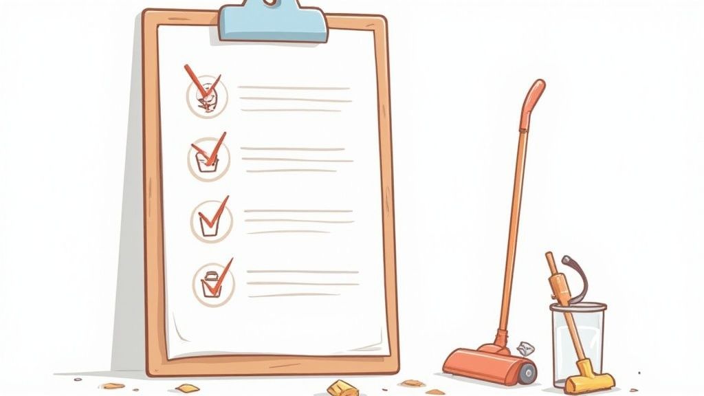 A cleaner holding a checklist on a clipboard while inspecting a newly cleaned, modern kitchen in a post-construction setting.