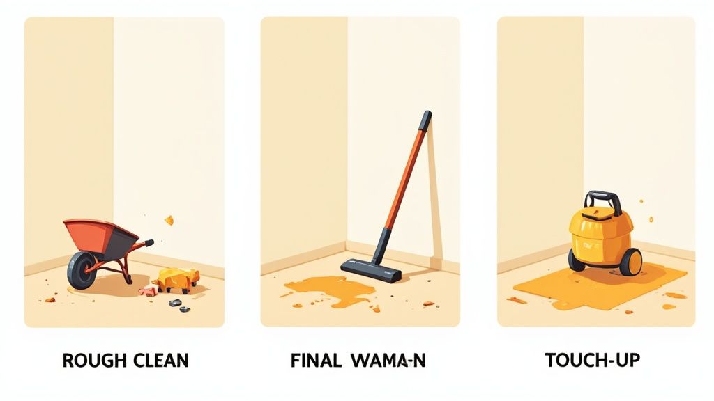 A team of professional cleaners working in a newly constructed building, showcasing different cleaning tasks.