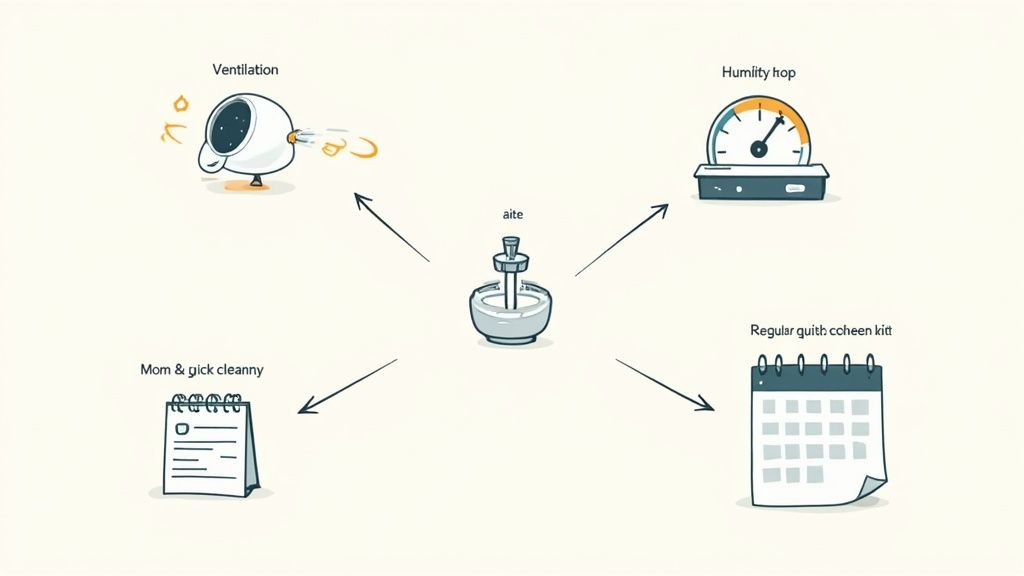 A modern, clean office interior with large windows and a well-maintained ventilation system, showcasing a healthy workspace.