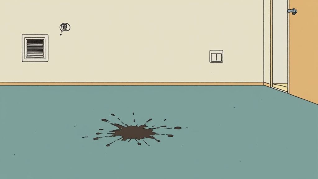 A close-up of dark mold spots growing on a light-coloured office carpet, indicating a serious moisture problem.