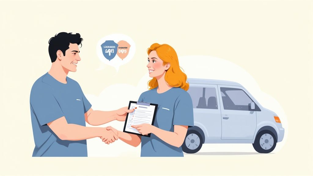A professional cleaner in uniform carefully wiping down a newly installed countertop in a modern kitchen after construction.