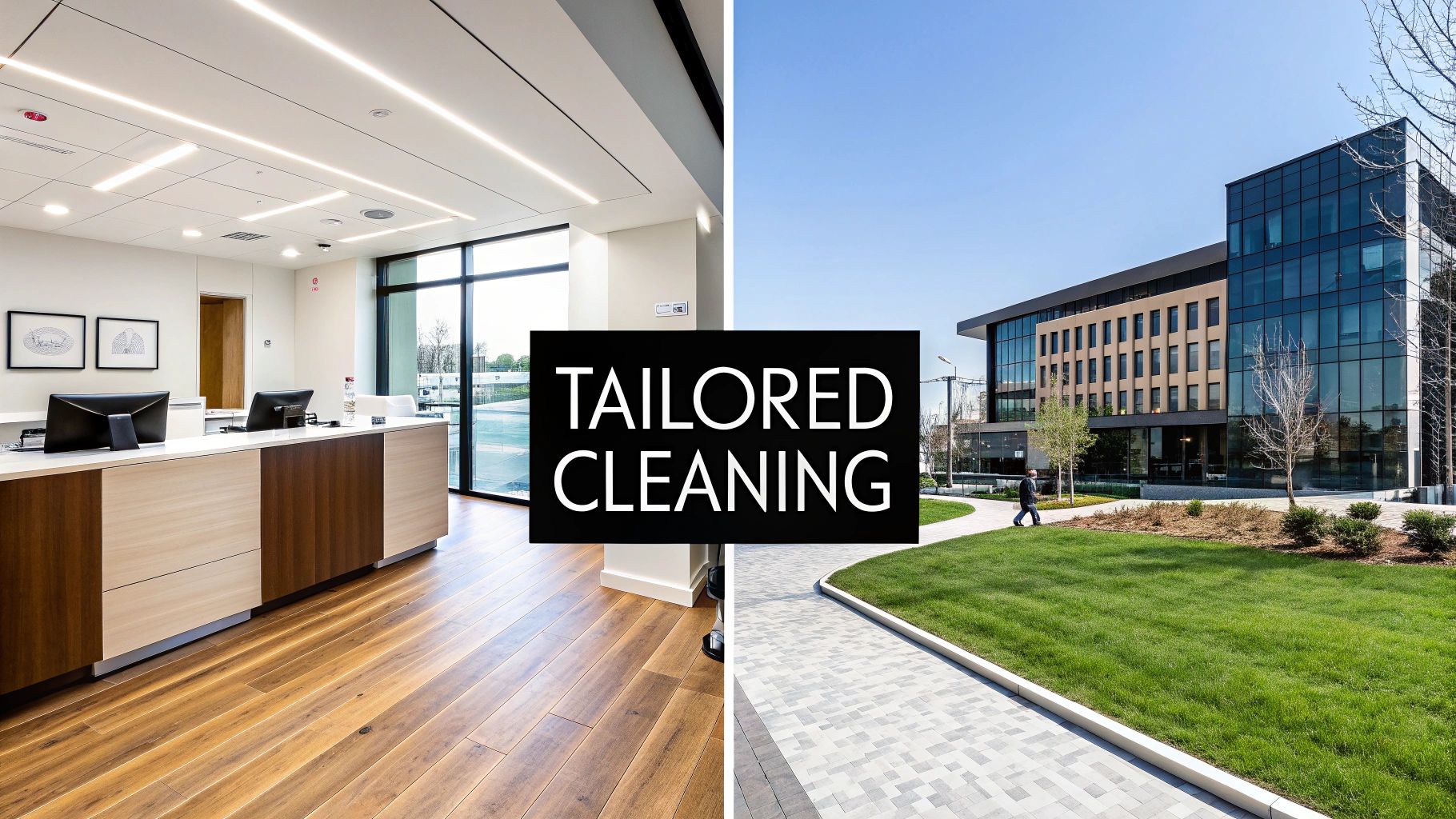 A commercial cleaning professional is meticulously wiping down a conference room table in a modern, brightly lit office, showcasing attention to detail.