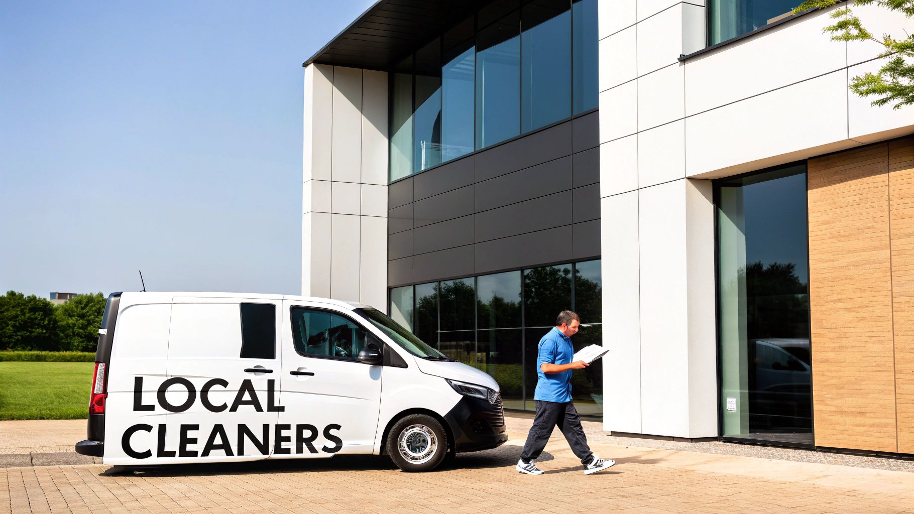 An office manager looking thoughtful while reviewing a cleaning service checklist.