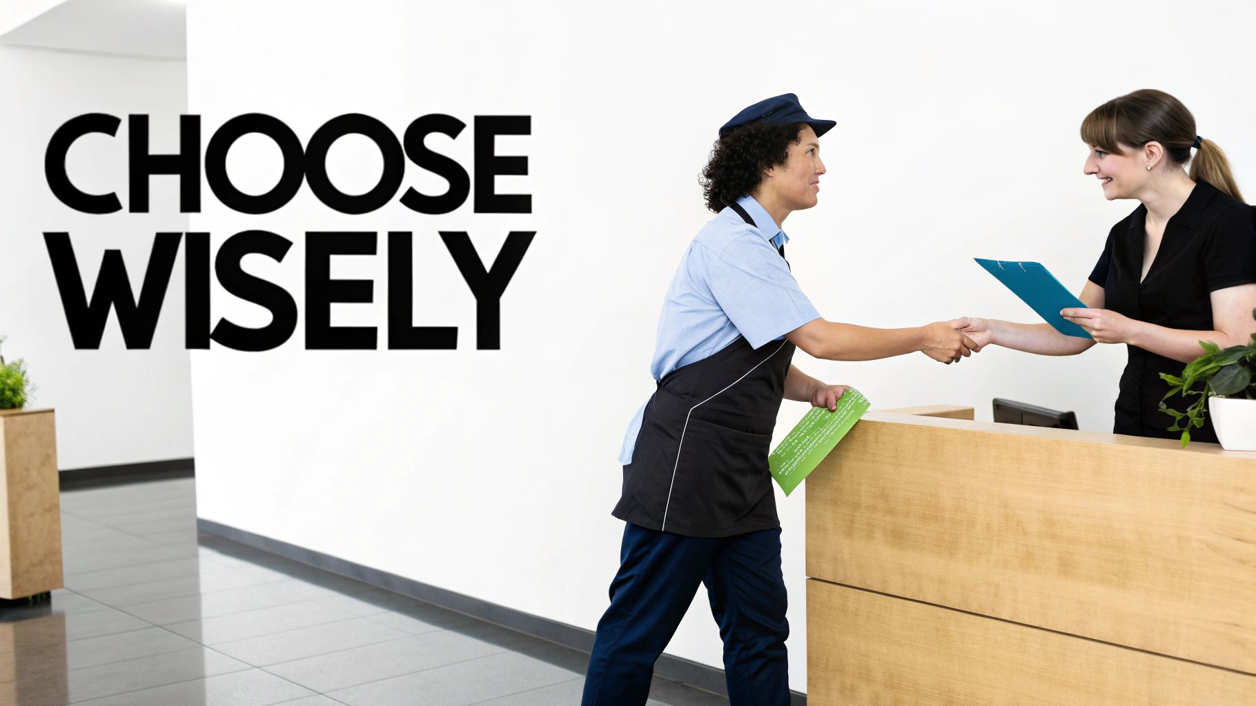 A professional cleaner wiping down an office desk with a microfibre cloth