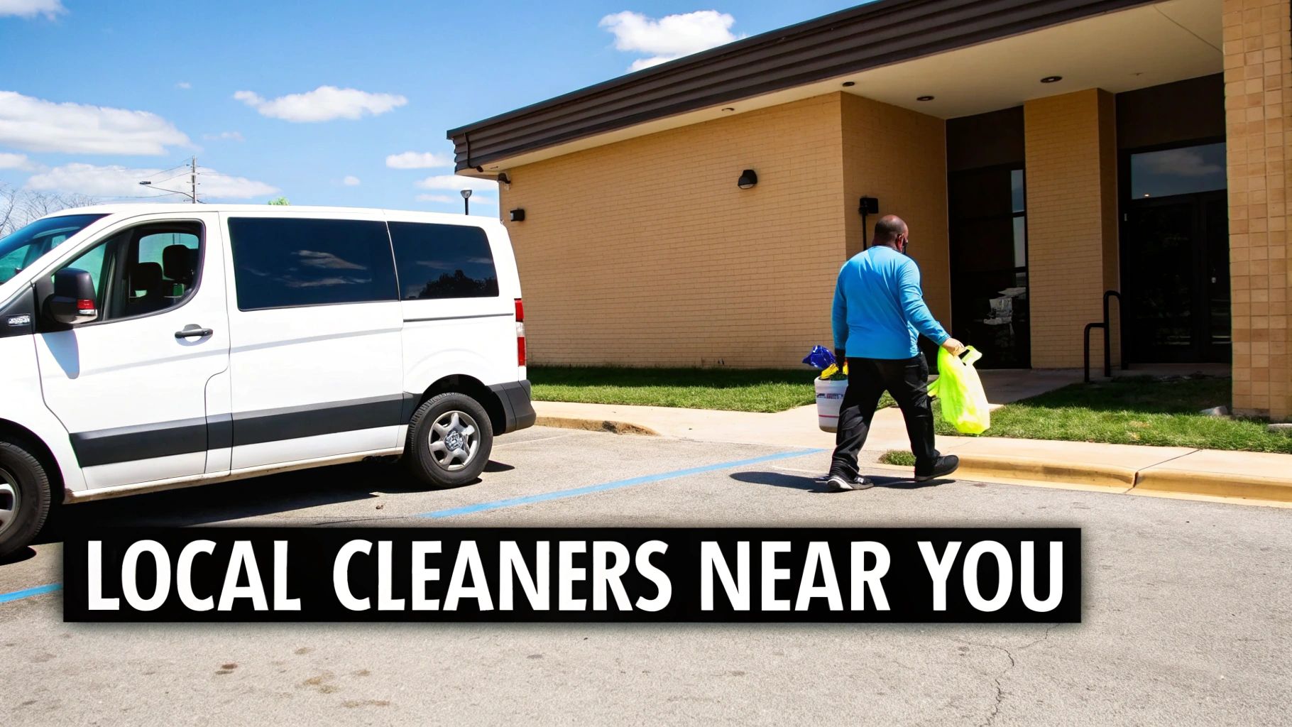 A friendly cleaning professional smiling while polishing a glass surface in a modern office, reflecting the company logo.