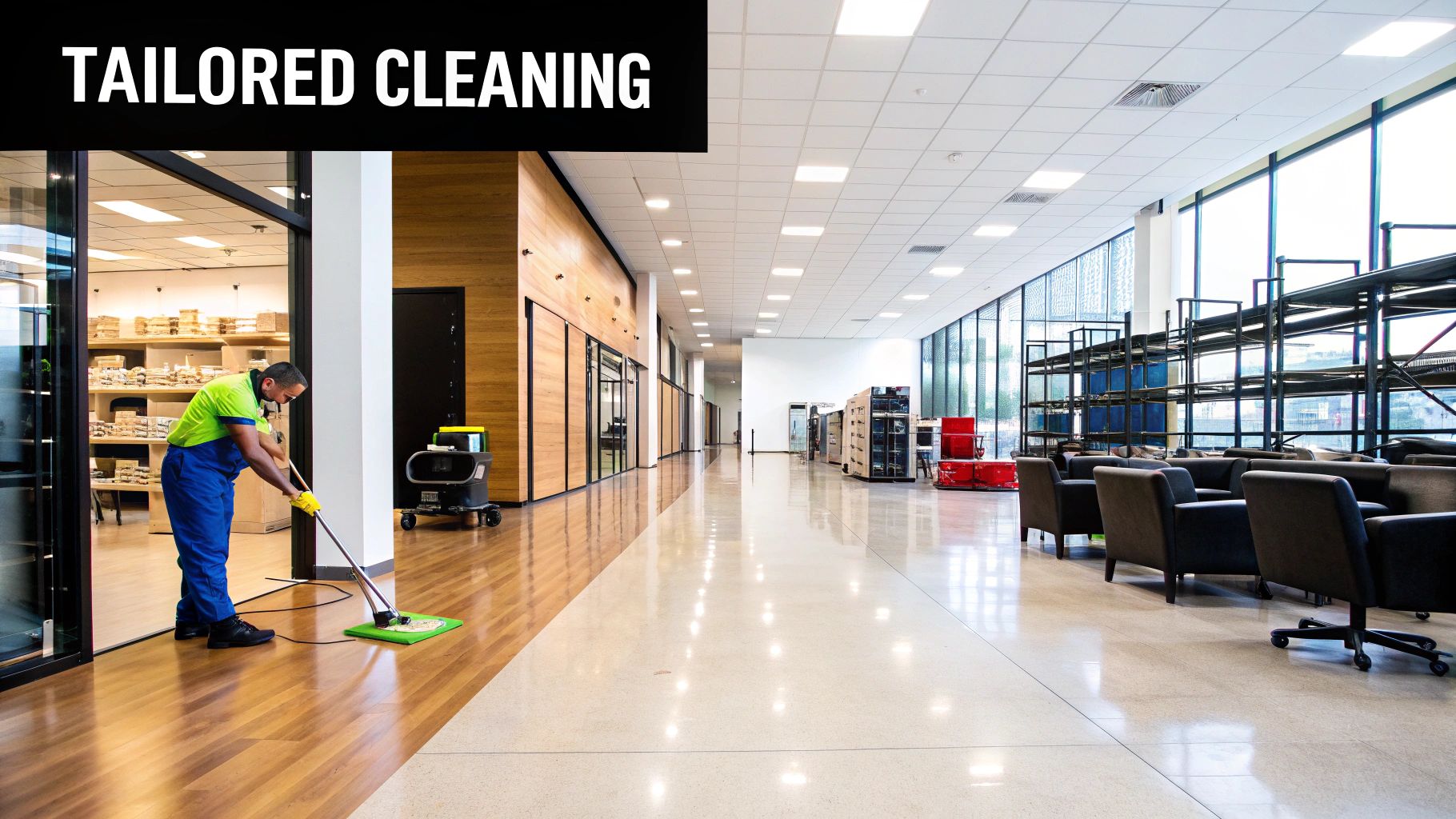 A professional cleaner wiping down an office desk with a calculator and charts, symbolizing the calculation of cleaning costs.