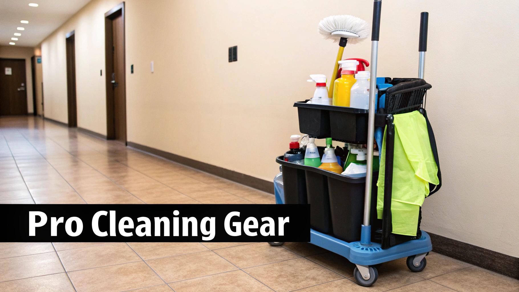 A collection of professional cleaning supplies and equipment neatly organized.