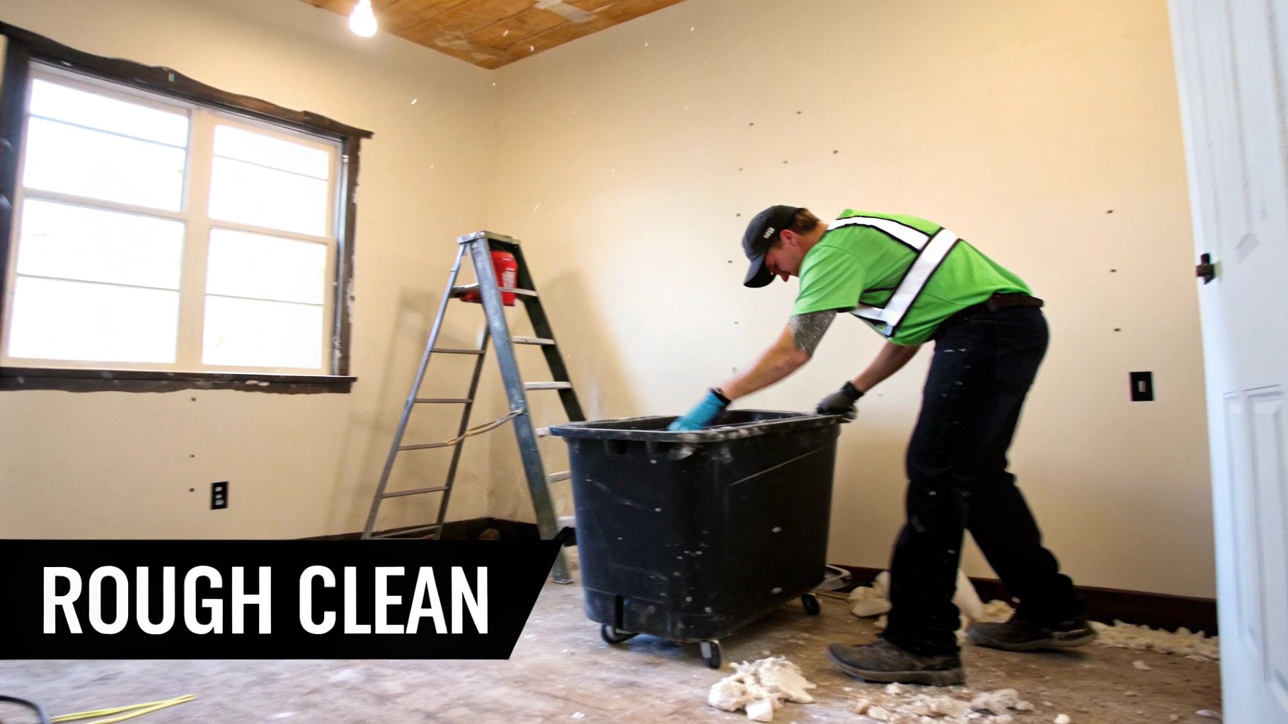 A professional cleaner wearing gloves dusts a high light fixture in a newly renovated space.