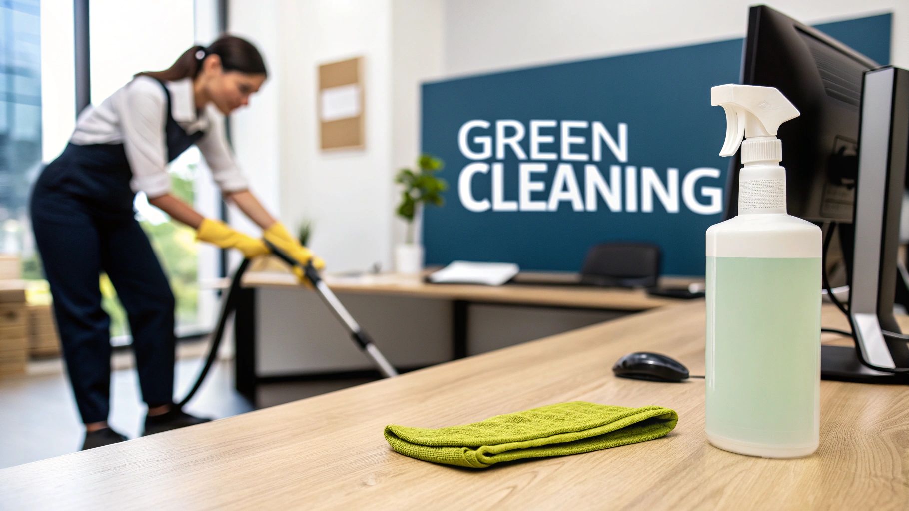 A person using green cleaning products to wipe down a modern office surface