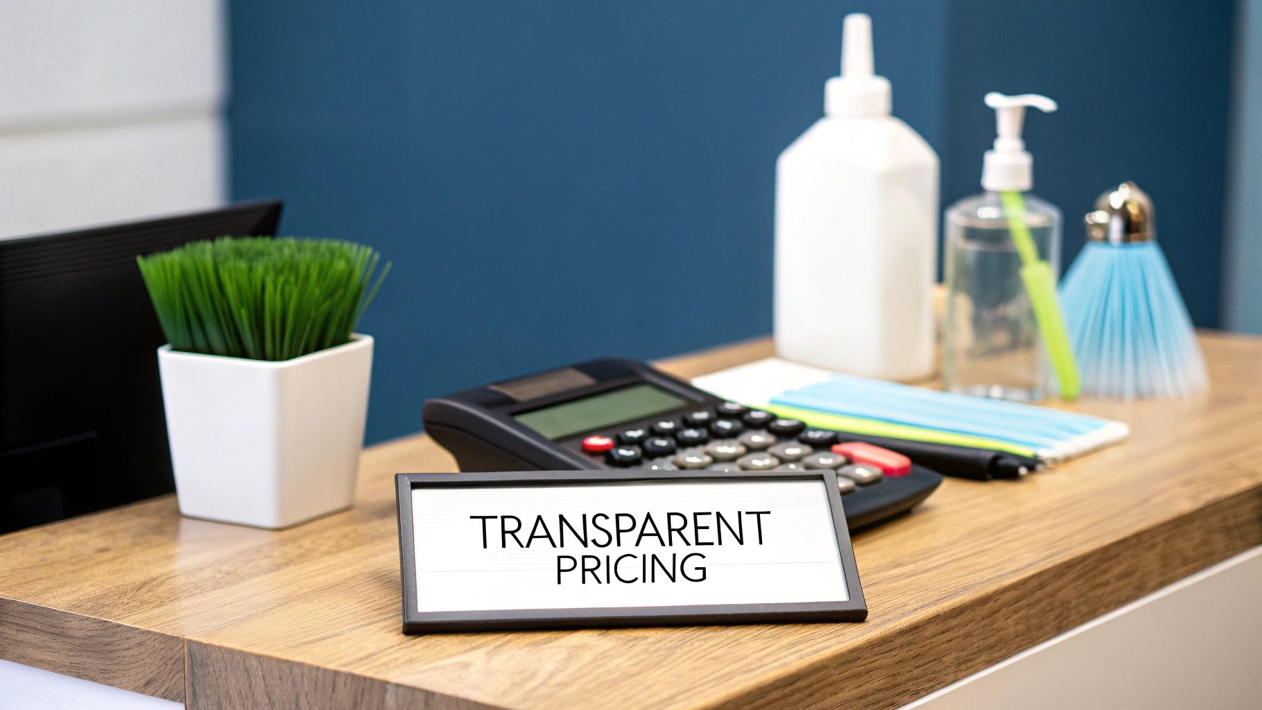 Calculator, pen, and invoice on a desk, representing the process of budgeting for office cleaning.
