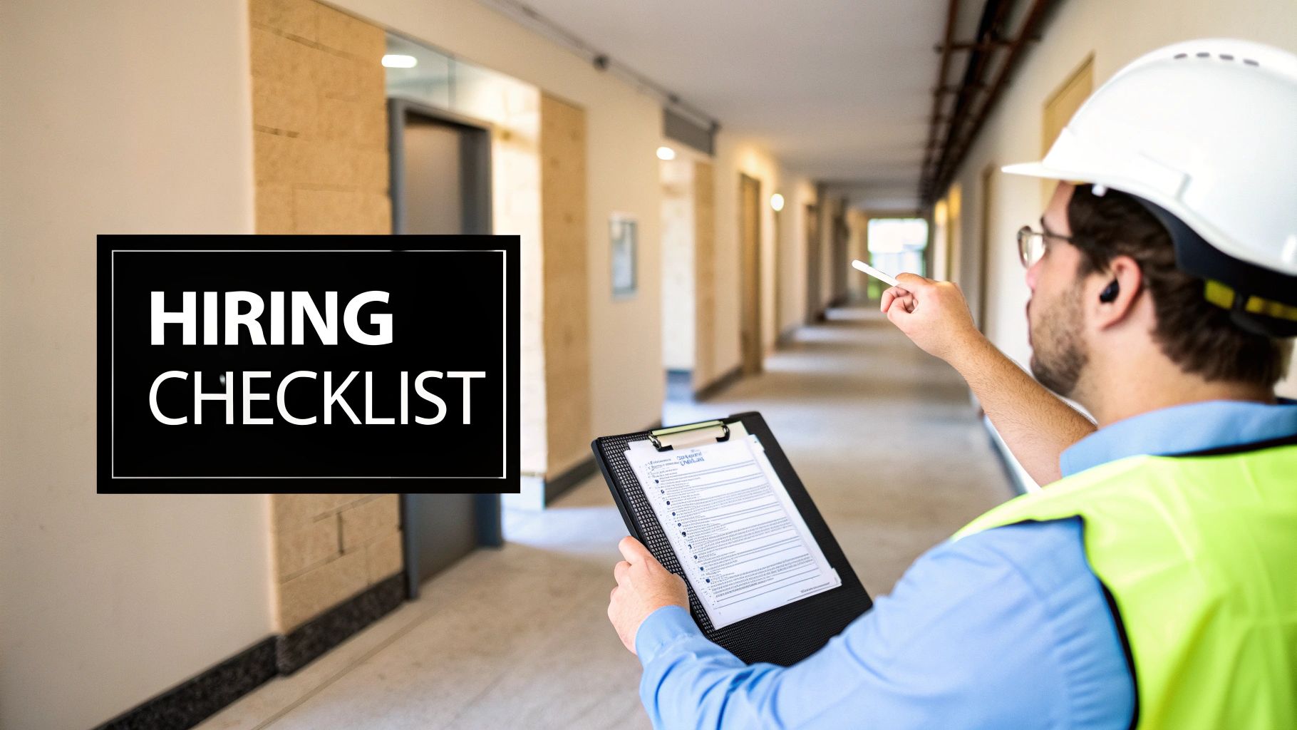 A facility manager shaking hands with a uniformed cleaning professional in a bright, modern office lobby.