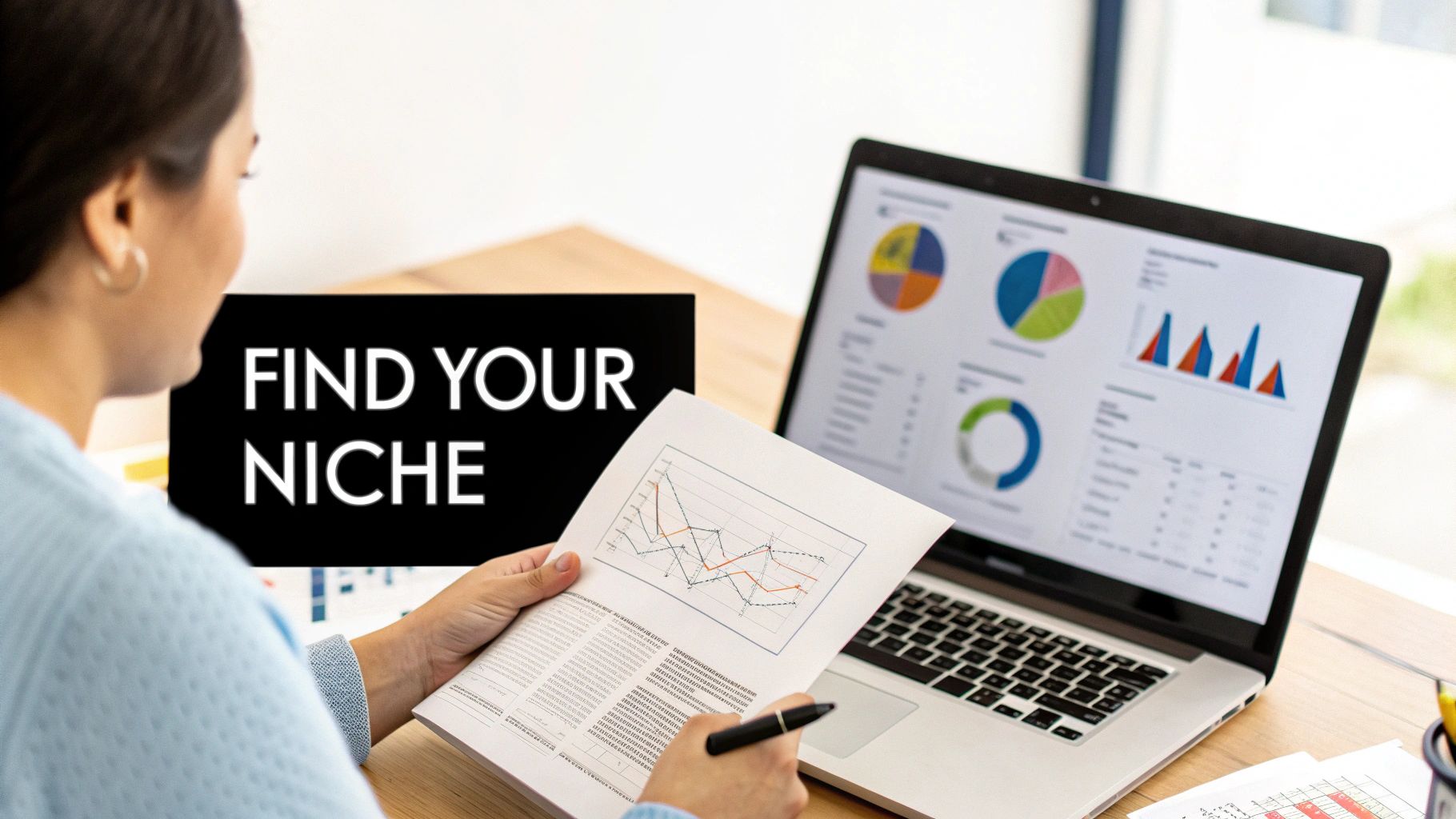 A person analyzes business data with charts on a laptop and a document, next to a 'FIND YOUR NICHE' sign.
