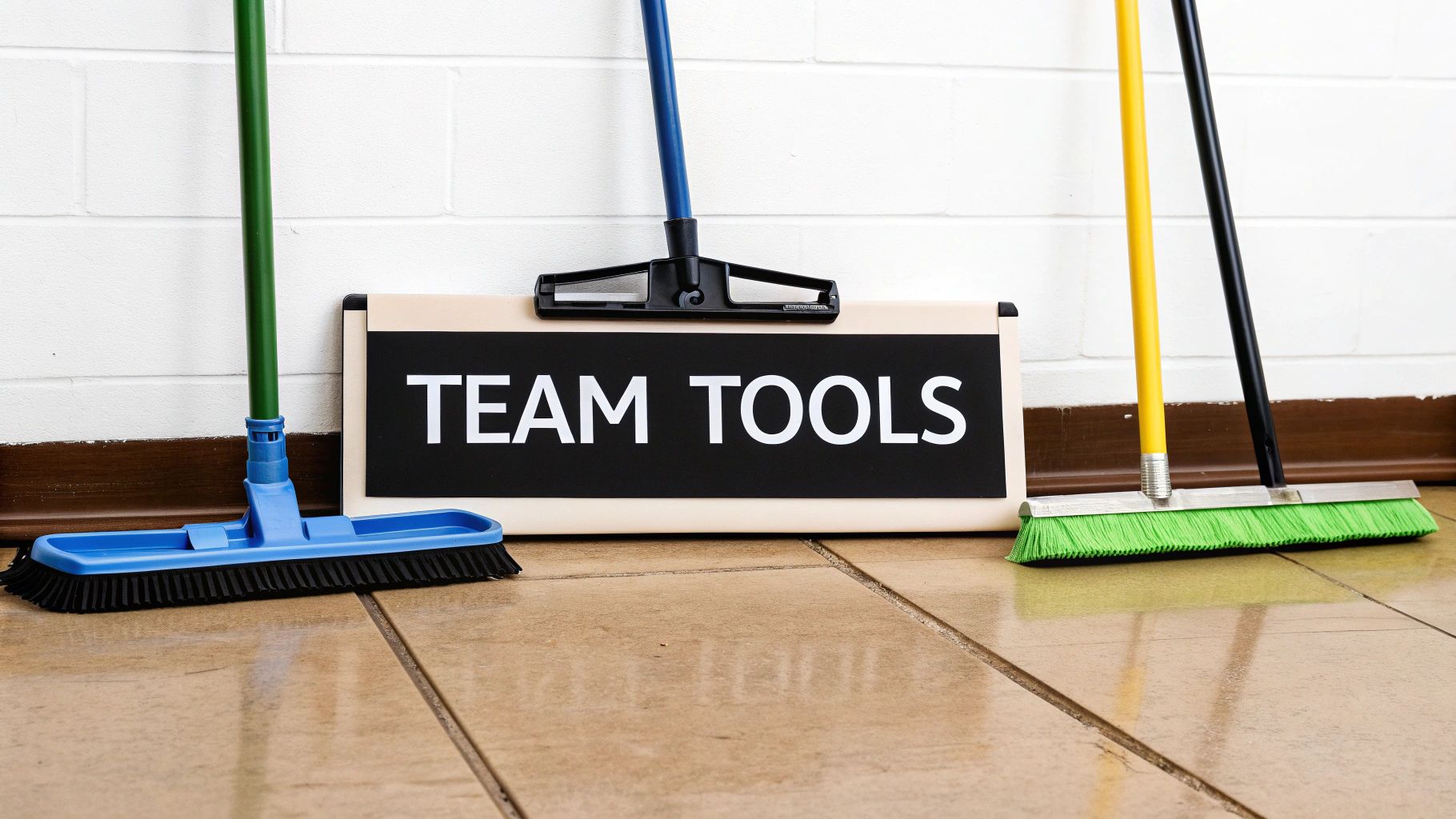 Various colorful cleaning tools, including brooms and mops, are leaning against a wall with a 'TEAM TOOLS' sign.
