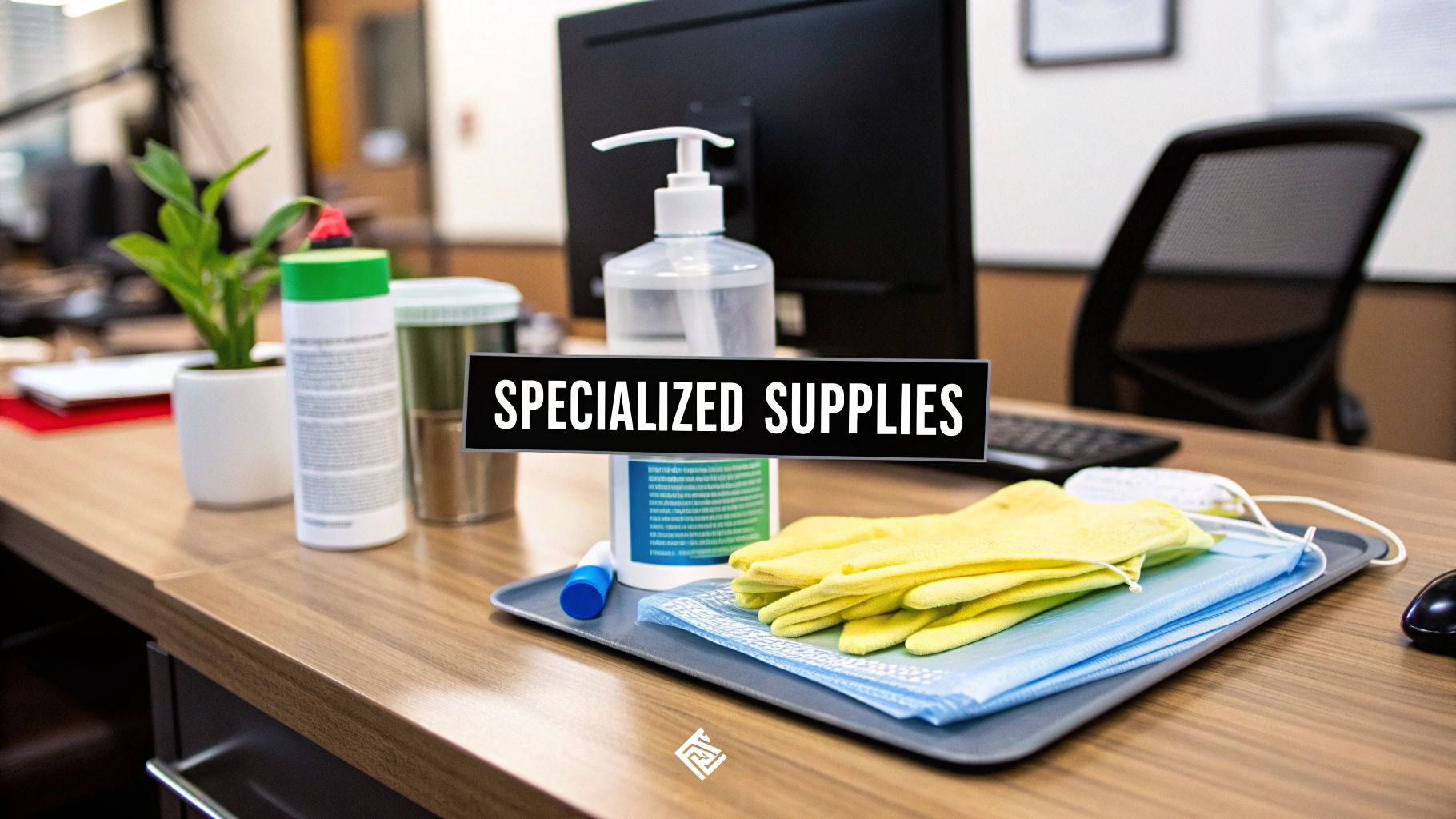 A desk with various specialized cleaning and safety supplies including hand sanitizer, gloves, masks, and sprays.