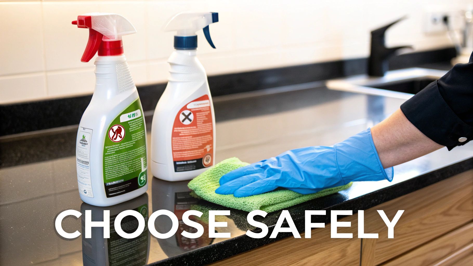 A gloved hand cleans a black countertop with a green cloth next to two chemical cleaning sprays.