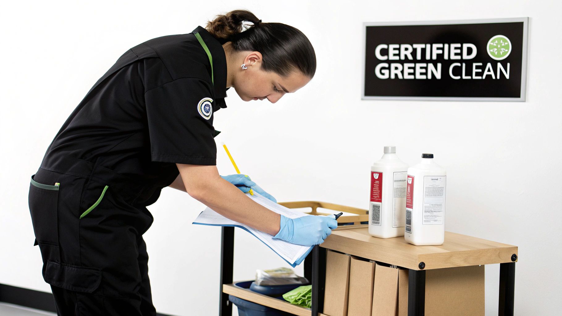 A cleaning professional reviews documents next to green cleaning products and a 'Certified Green Clean' sign.
